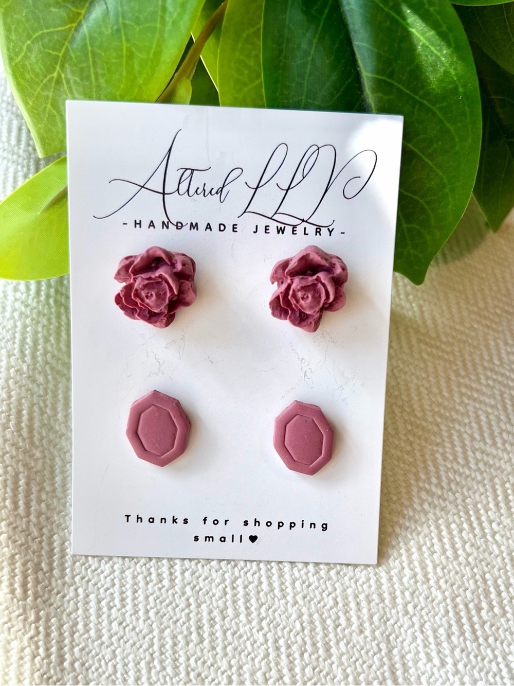 Handmade Dusty Rose Floral & Geometric Stud Earring Set